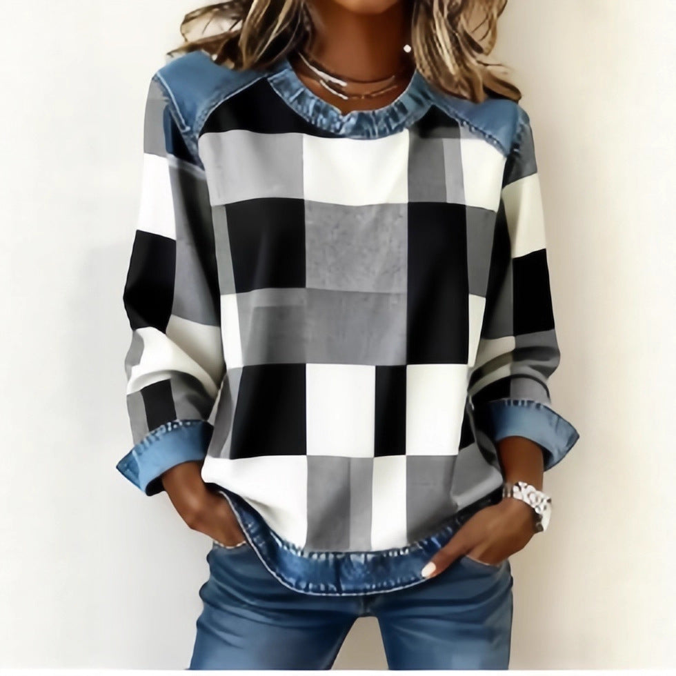 Denim Patchwork Sweatshirt Fashion Unique Crewneck Pullover Long-sleeved Shirt Top Women's Clothing