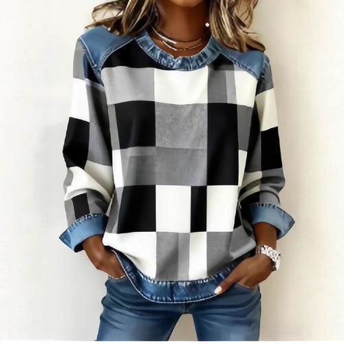 Denim Patchwork Sweatshirt Fashion Unique Crewneck Pullover Long-sleeved Shirt Top Women's Clothing