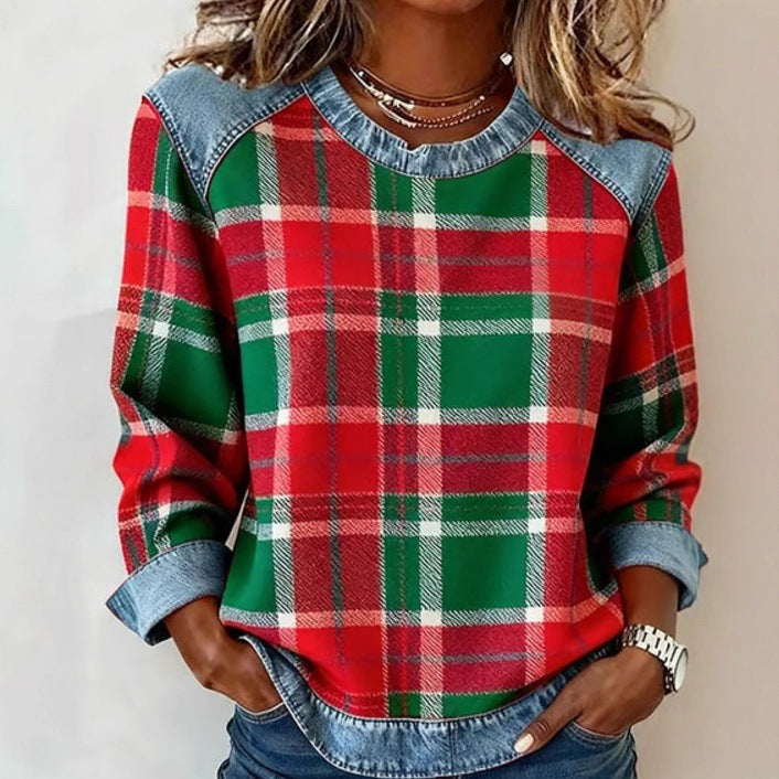 Denim Patchwork Sweatshirt Fashion Unique Crewneck Pullover Long-sleeved Shirt Top Women's Clothing